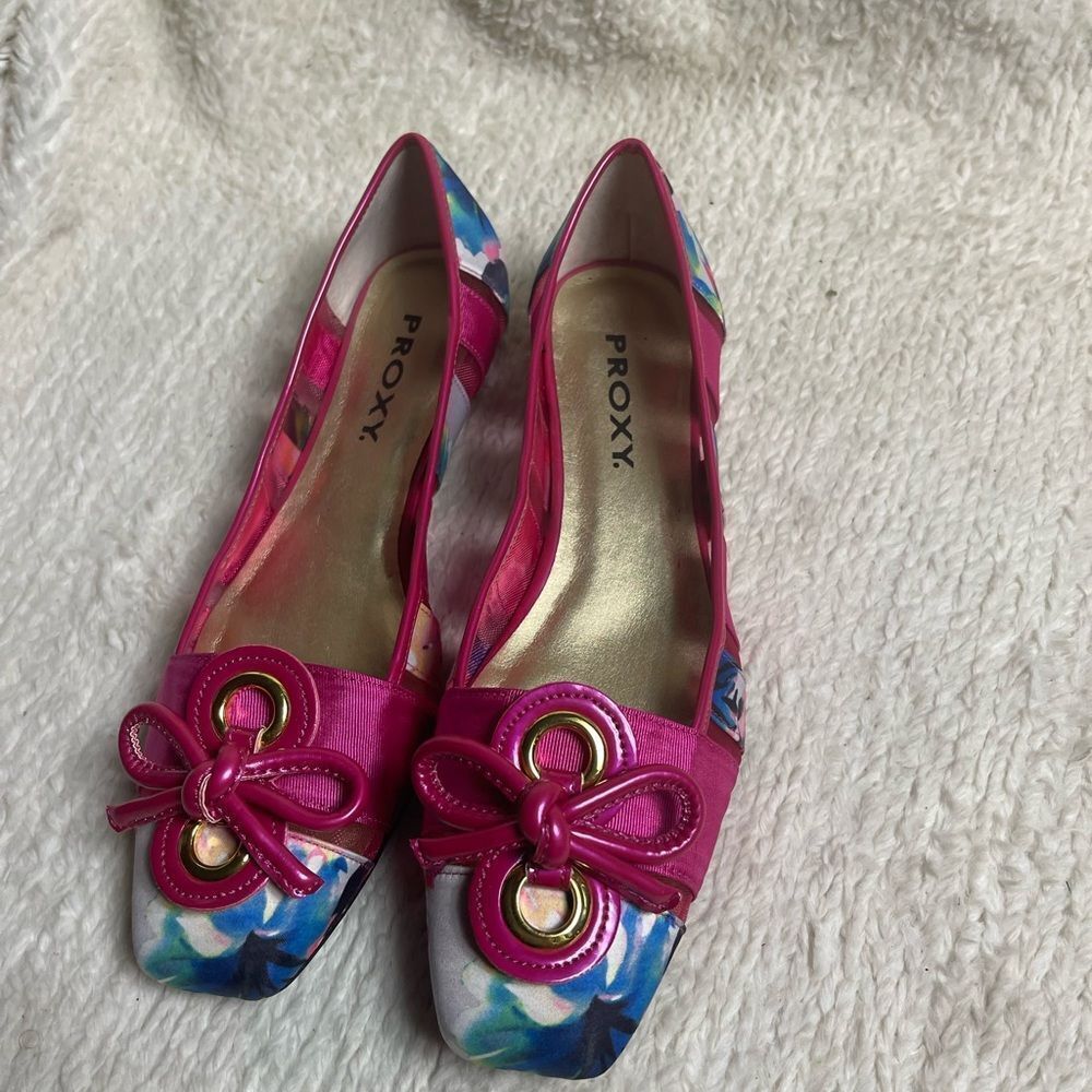 Roxy satin multi color & ribbon hot Pink Flats Synthetic trim &bow accent SZ11